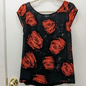 Dynamite Black and Red Rose Chiffon Blouse - M